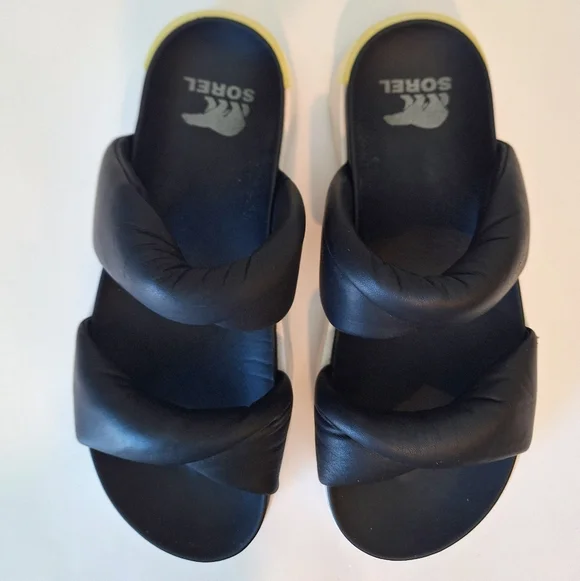 Sorel Viibe Twist Slide Sandals Black Soft Leather Size 10 - Picture 6 of 11